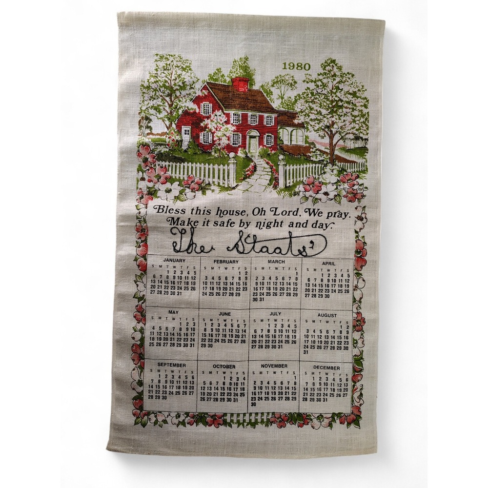 Vintage 1980 Fabric Calendar Bless This House Wall Hang Decor Cottagecore‎